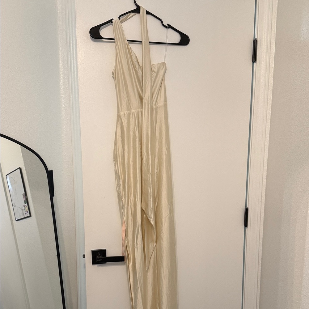 Oh Polly Cream One-Shoulder Satin Wrap Maxi Dress